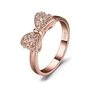 18k Rose Gold Coquette Bow Swarovski Crystal Ring Dainty Feminine Cottage Girl